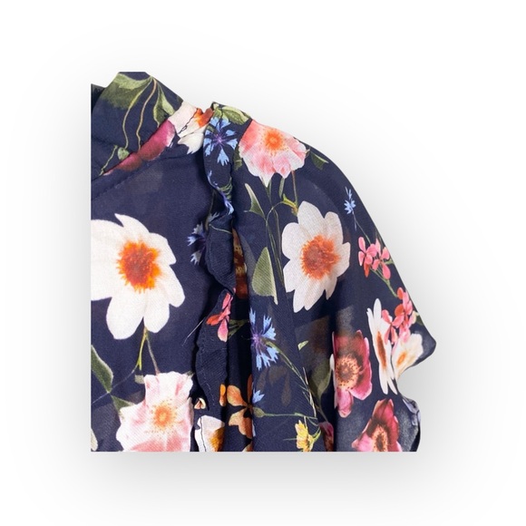 Parker 𑁍 Floral Silk A-Line V Neck Dress 𑁍 Scalloped Ruffles 𑁍 Navy 𑁍 XS 𑁍 - Picture 11 of 16